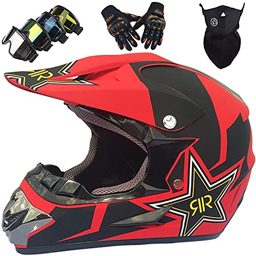KILCVEM Casco Motocross Ni&ntilde;os de 5 a 14 A&ntilde;os, Casco Moto Cross para J&oacute;venes y Adultos Set Casco Integral para Downhill Enduro Quad Bike MTB Go Karting,Black Red-S