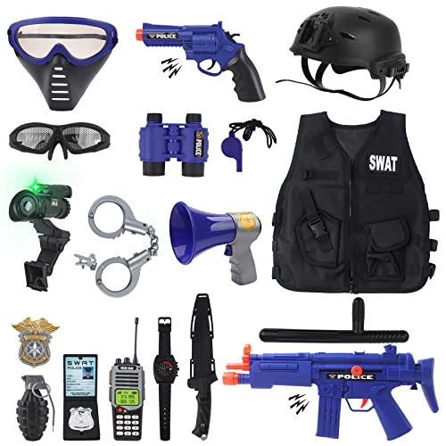 deAO Juego de rol para ni&ntilde;os - Disfraz de polic&iacute;a con chaleco, casco, esposas y walkie talkie de juguete