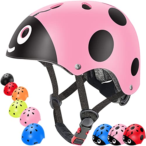 Casco para niños y niñas Casco cómodo Ajustable de Seguridad para patineta, patineta, Bicicleta (3-8 años) (Pink Ladybug, S(3-8years Old))