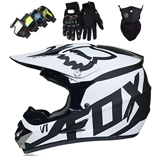 YIYUNSHU Casco Motocross Niñohomologado Casco Moto Integral Unisex para Moto De Cross Descenso Enduro MTB Quad BMX Bicicleta (Gafas+Máscara+Guantes) con Diseño Fox - Negro Blanco,L