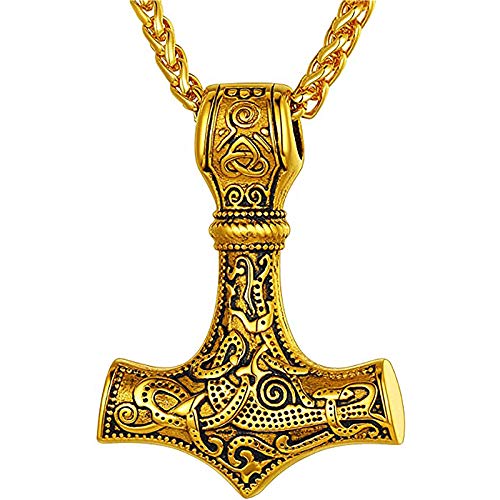 LH&BD Irish Knot Celtic Cross Casco Odin Casco Thor's Hammer Mjolnir Colgante Collar Collar de Cadena Oro Joyería de Acero Inoxidable Chapado en Oro,H