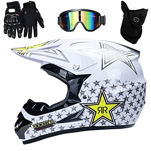 UIGJIOG Casco De Motocross para Adultos Casco De Motocicleta MX Scooter ATV Casco Certificaci&oacute;n Dot Gafas Guantes M&aacute;scara,Blanco,L(56~57cm)