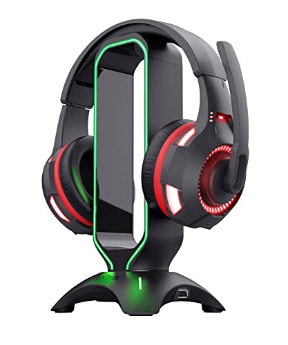Trust Gaming GXT 265 Cintar Soporte para Auriculares RGB, Dise&ntilde;o Universal, 2 Puertos USB, Bordes Iluminados por LED, Soporte Cascos Gaming con Base Anti-Deslizante para Escritorio PC - Negro