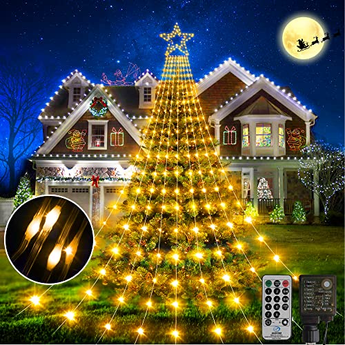 Hezbjiti Luces de Navidad al Aire Libre, 714 LEDs Cascada de Luces de Hadas con la Estrella Topper, Arbol de Navidad Luces 8 Modos y IP65 a Prueba de Agua para Decoraciones de Navidad (Blanco Cálido)