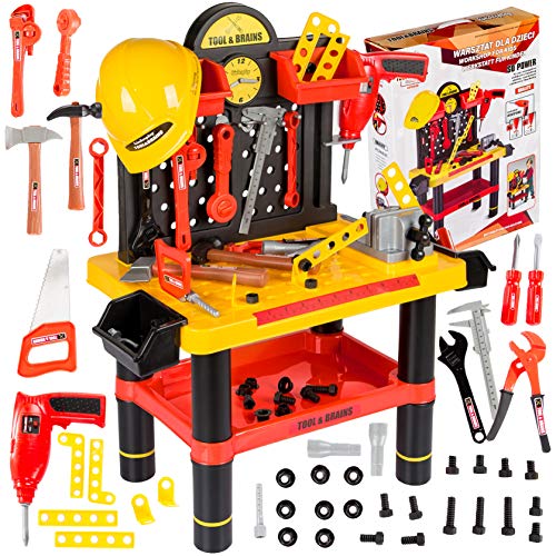 Kinderplay Banco Herramientas Juguete Y Casco Tool& Brains - Taller Mecanico Juguete, Juego de Imitaci&oacute;n Actividad Infantil Conjunto Banco de Trabajo (pl&aacute;stico) (KP2646)